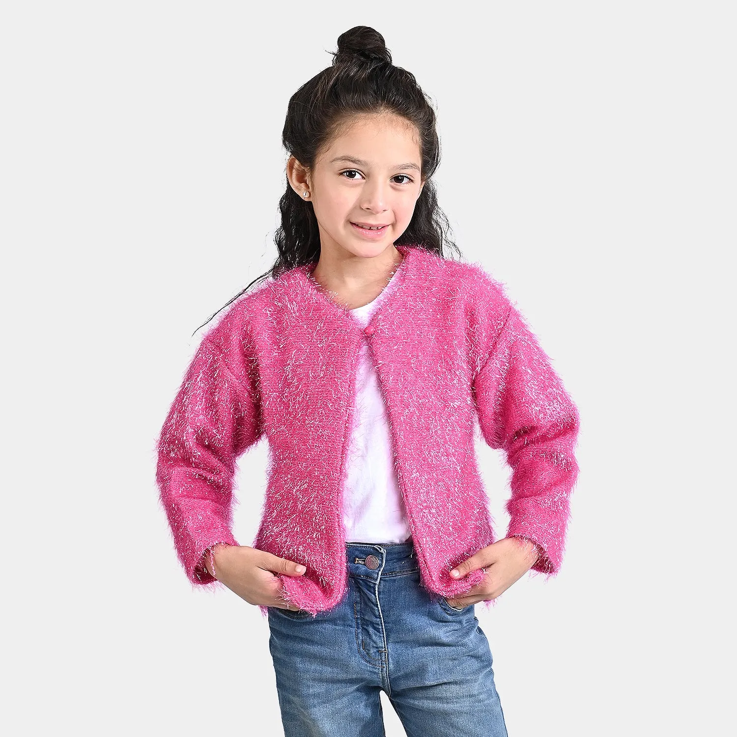 Girls Sherpa Knitted Jacket Party Star-Hot.Pink