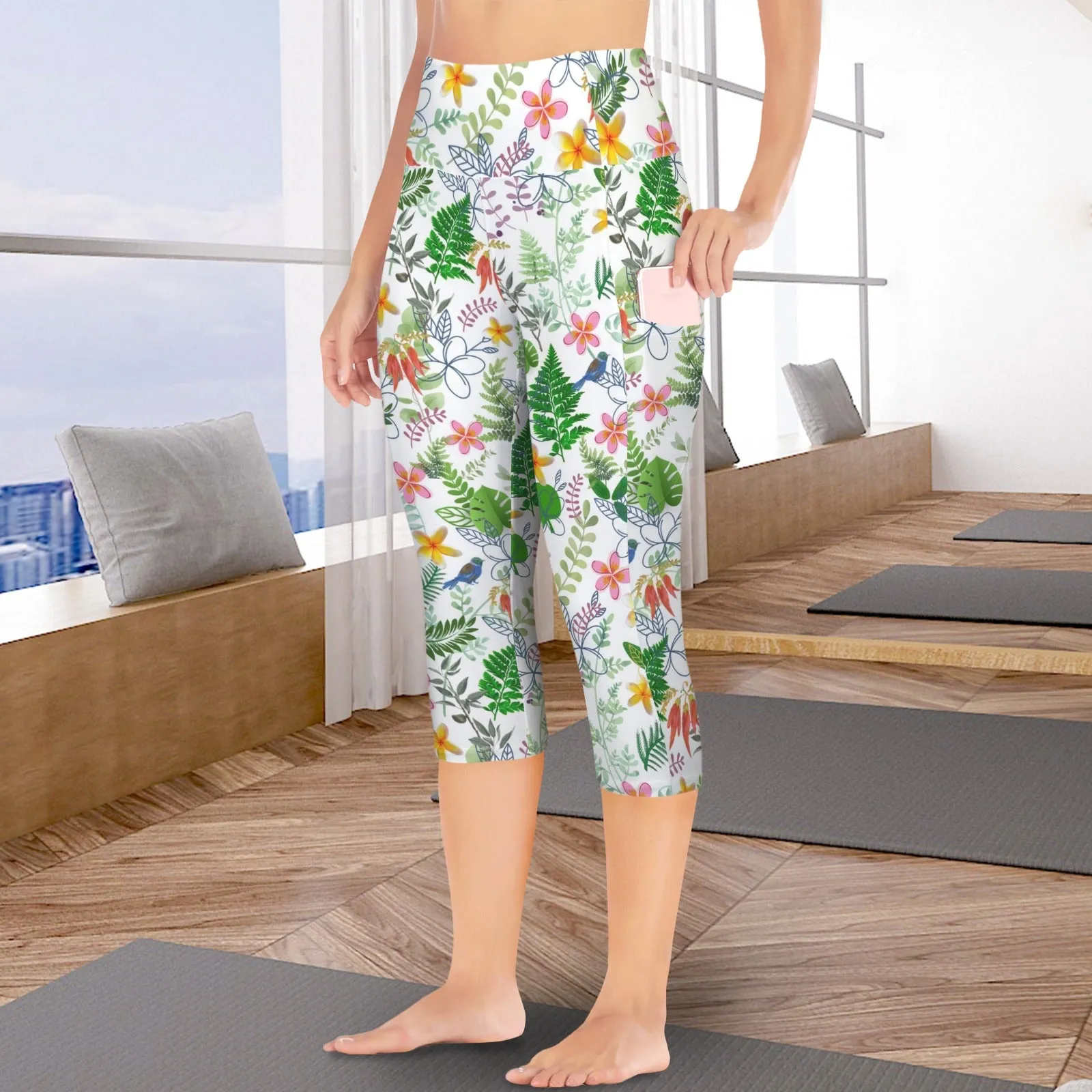 Graphic Floral Capri Leggings with Pockets up to 5 XL (FWS)