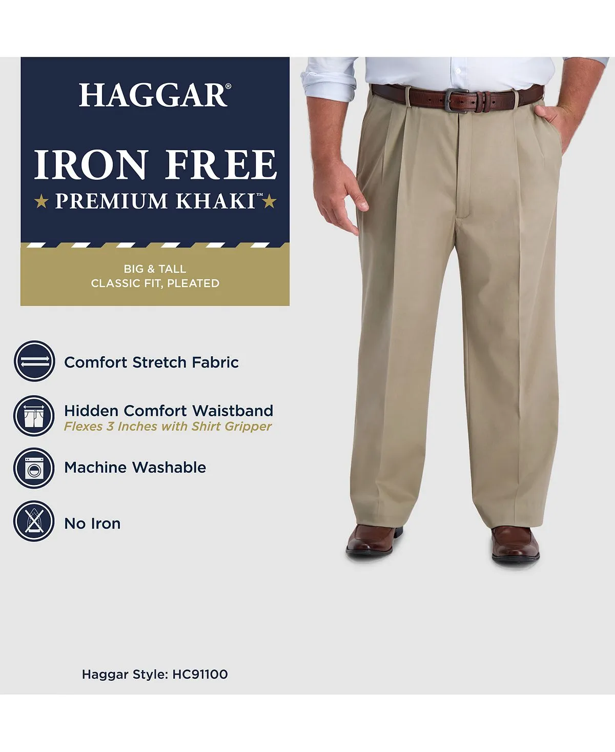 Haggar Men's Large High Tall Pleated Premium Khaki No Iron Regular Fit Pants