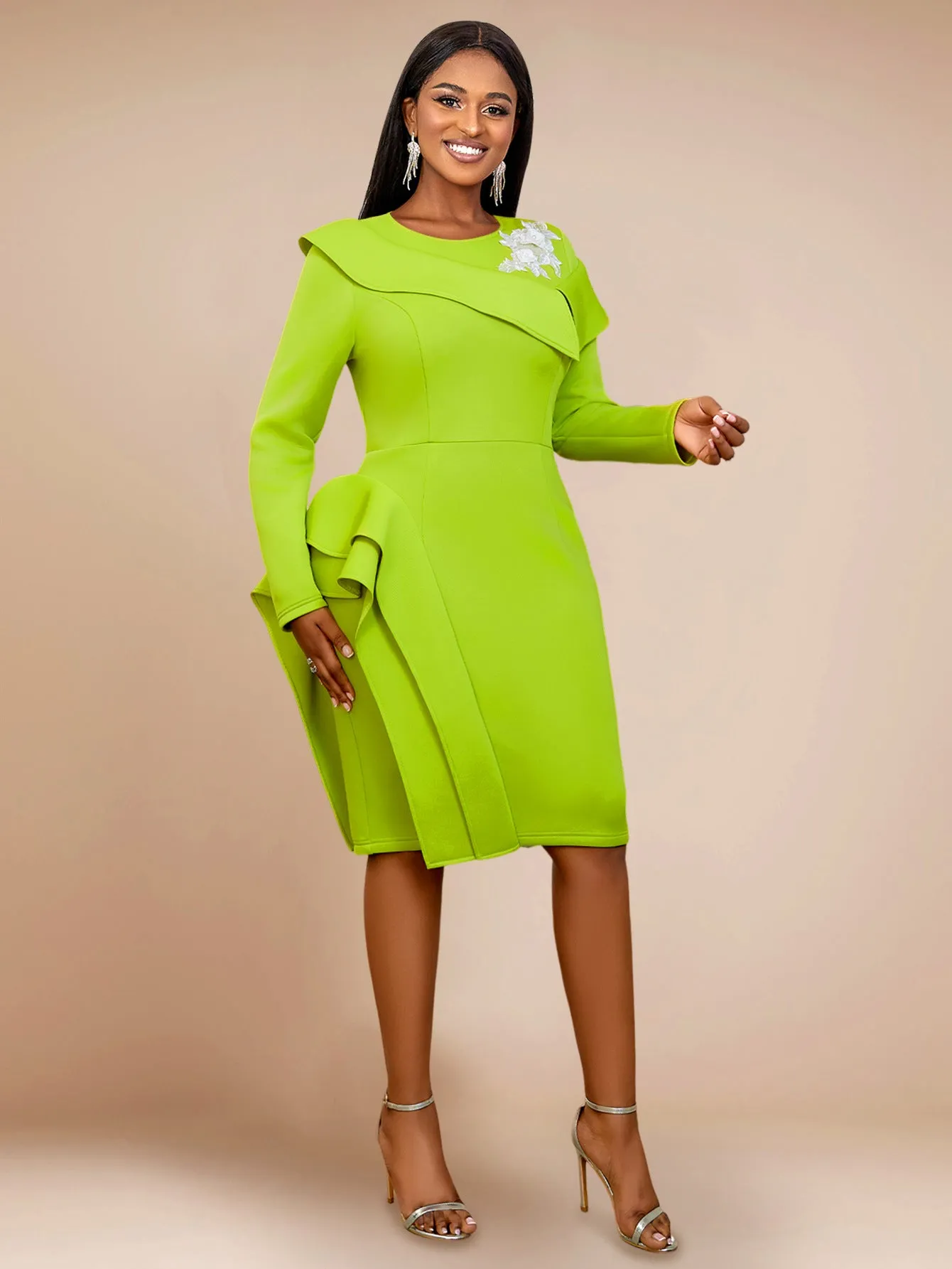High End Elegant Cocktail Evening Dress Cool Long Sleeve Ruffled Dress Dresses