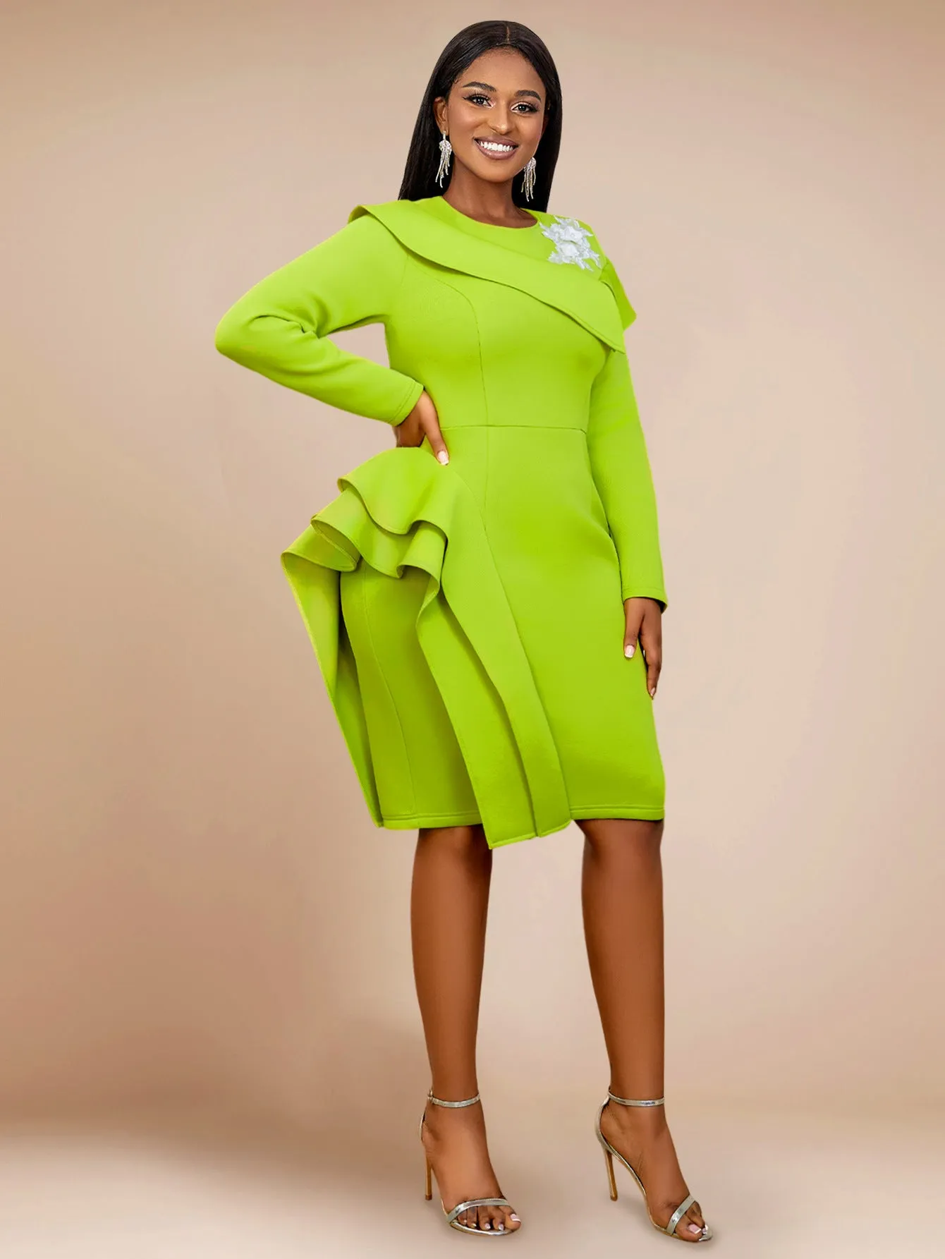 High End Elegant Cocktail Evening Dress Cool Long Sleeve Ruffled Dress Dresses