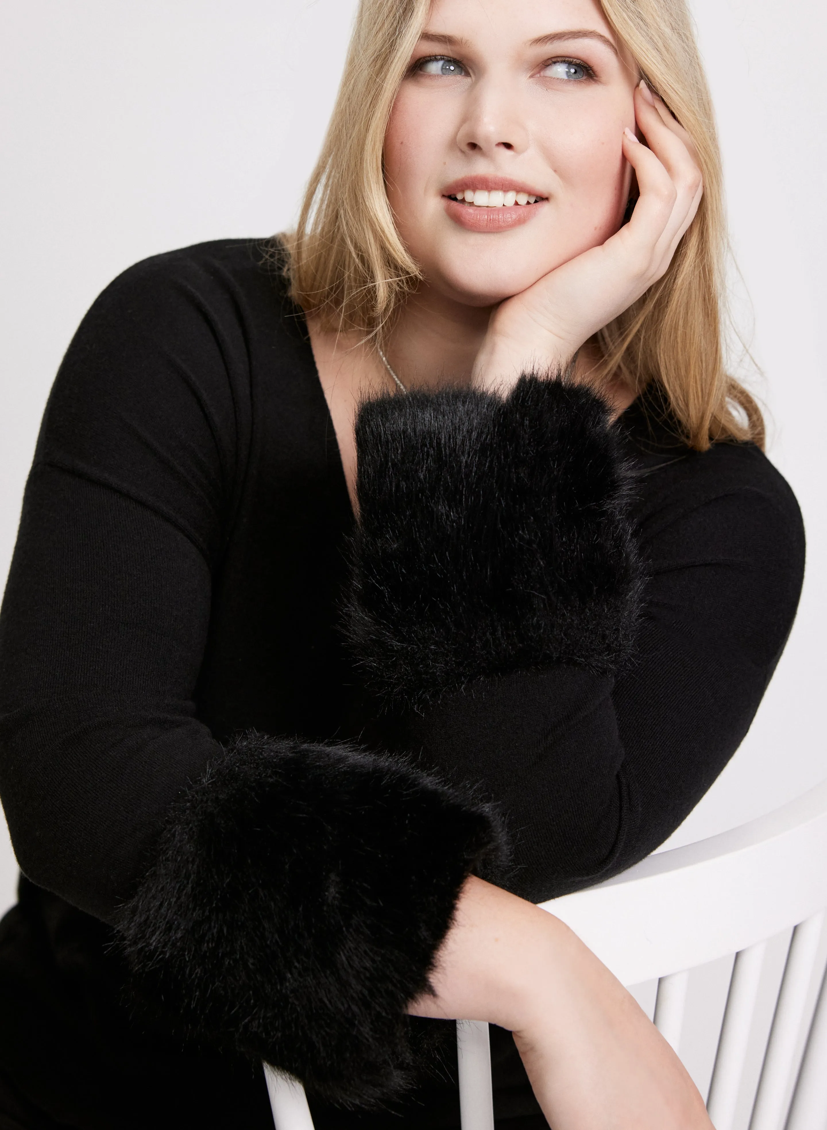 Joseph Ribkoff - Faux-Fur Trim Knit Sweater