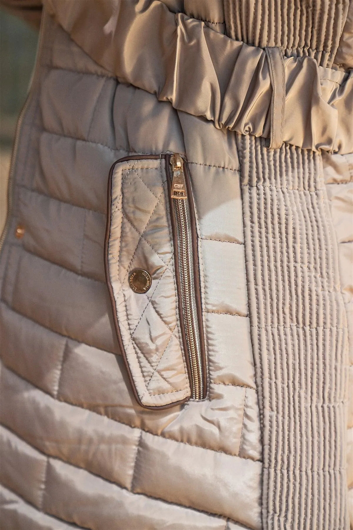 Junior Plus Beige Grey Diamond Back Quilt Straight Brick Quilt  Faux Fur Hood Belted Padded Long Puffer Jacket /1-2-1-1