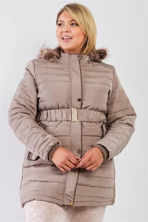 Junior Plus Beige-Grey Parallel Quilt Faux Fur Hood Belted Padded Long Puffer Jacket /1-1-1-1