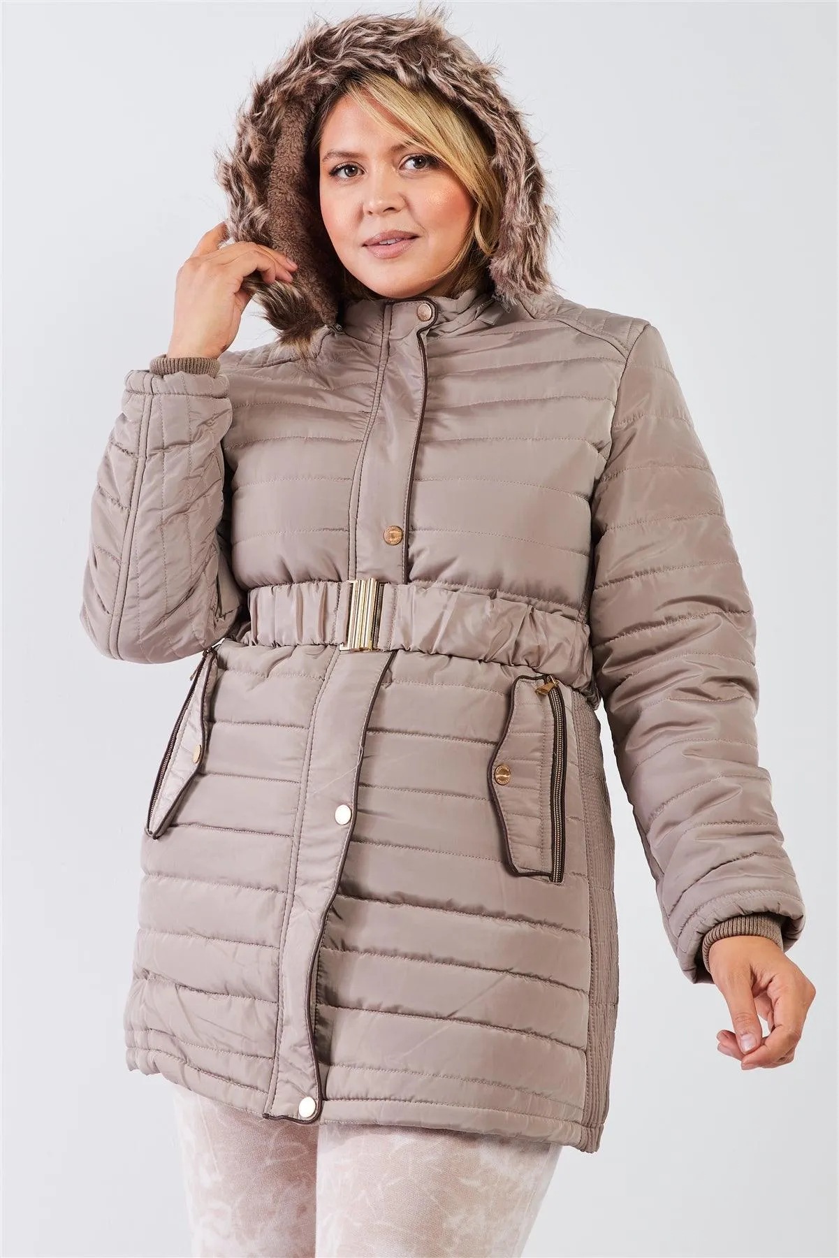 Junior Plus Beige-Grey Parallel Quilt Faux Fur Hood Belted Padded Long Puffer Jacket /2-3
