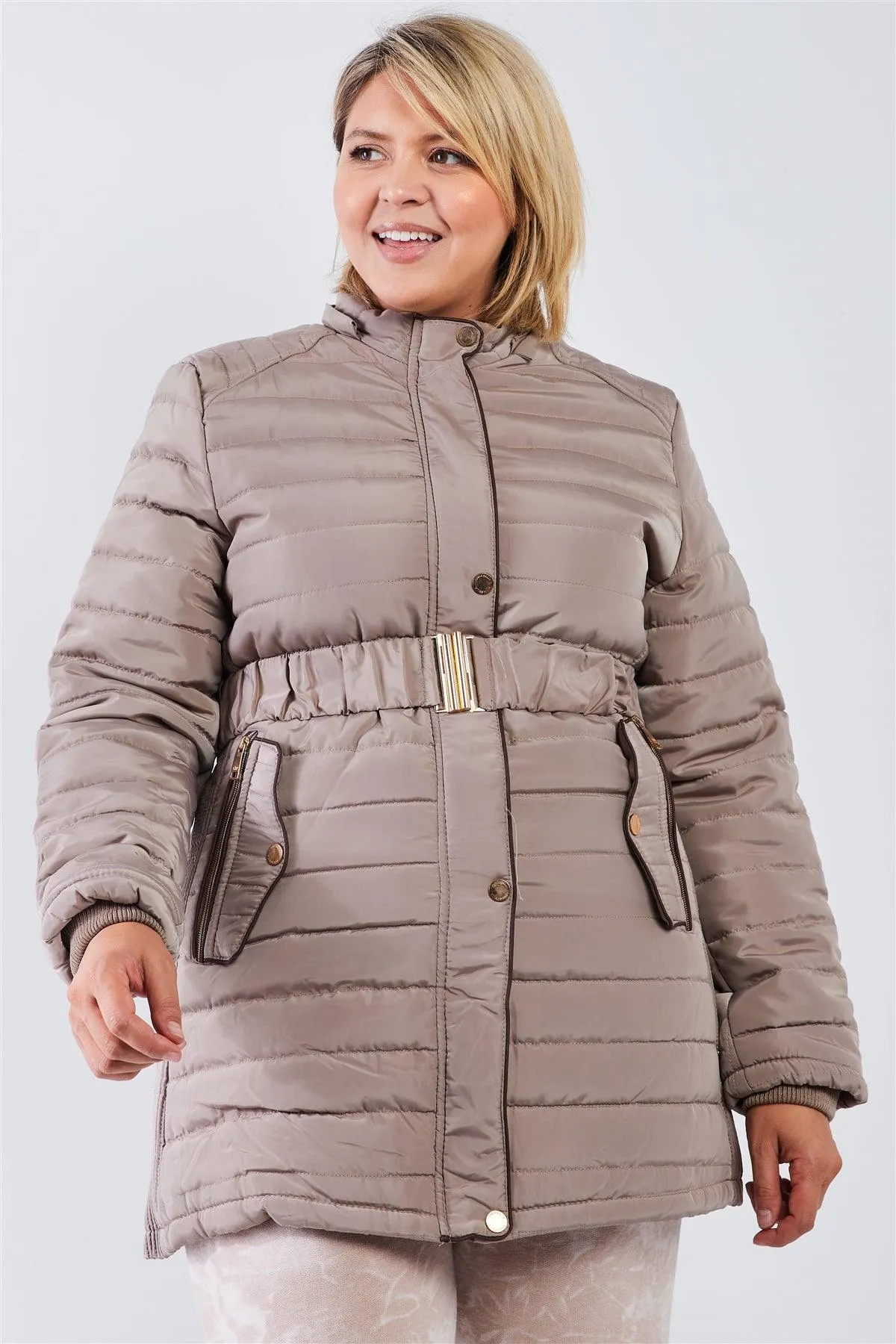Junior Plus Beige-Grey Parallel Quilt Faux Fur Hood Belted Padded Long Puffer Jacket /2-3