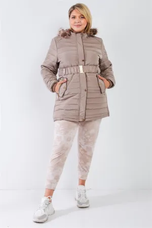 Junior Plus Beige-Grey Parallel Quilt Faux Fur Hood Belted Padded Long Puffer Jacket /2-3