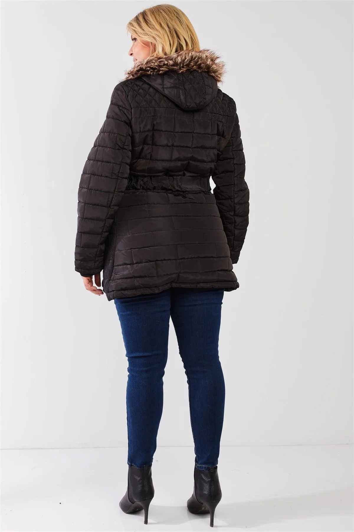Junior Plus Black Diamond Quilt Faux Fur Hood Belted Padded Long Puffer Jacket /2-1-1