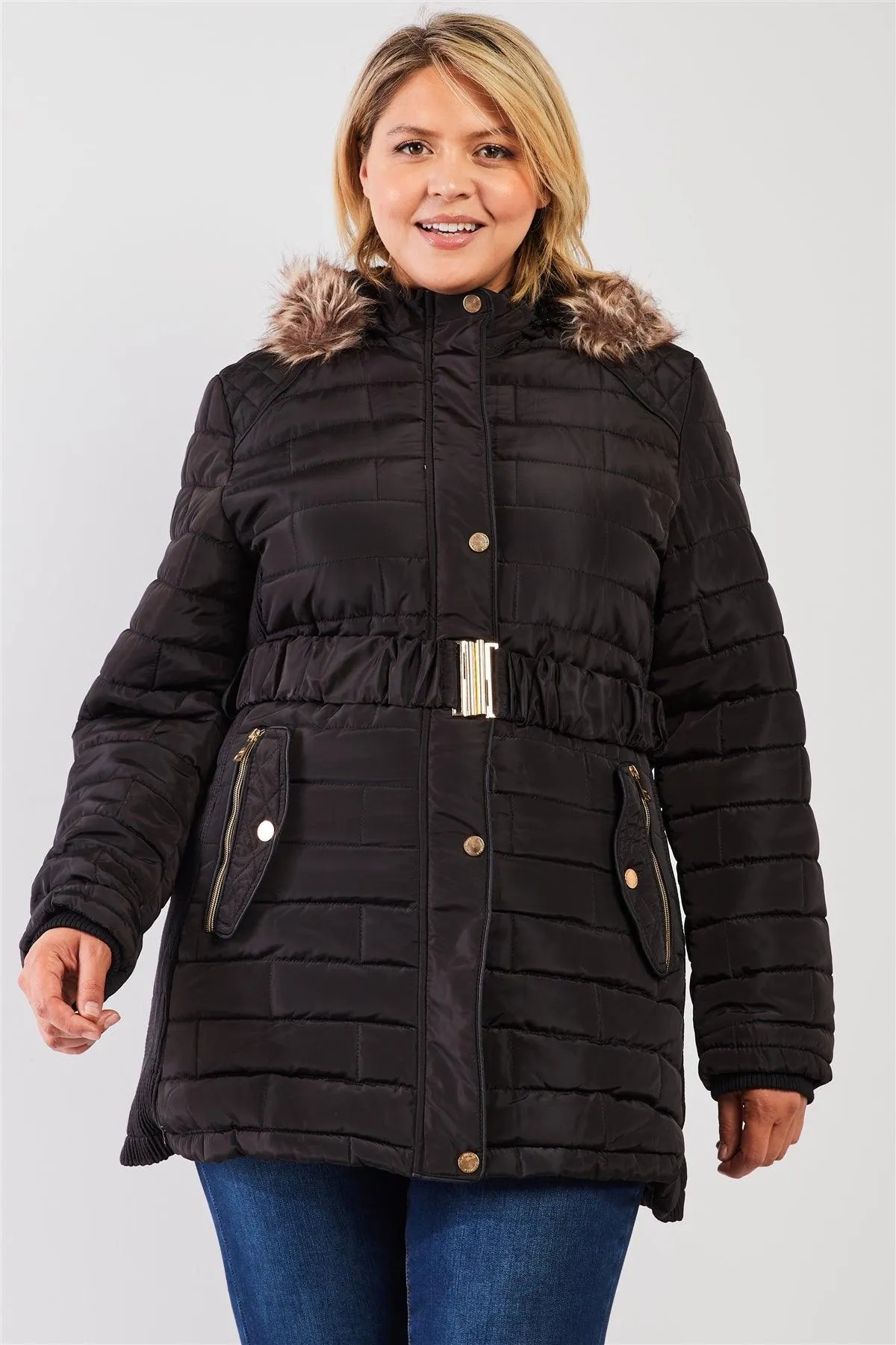 Junior Plus Black Diamond Quilt Faux Fur Hood Belted Padded Long Puffer Jacket /2-1-1