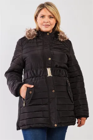 Junior Plus Black Diamond Quilt Faux Fur Hood Belted Padded Long Puffer Jacket /2-1-1