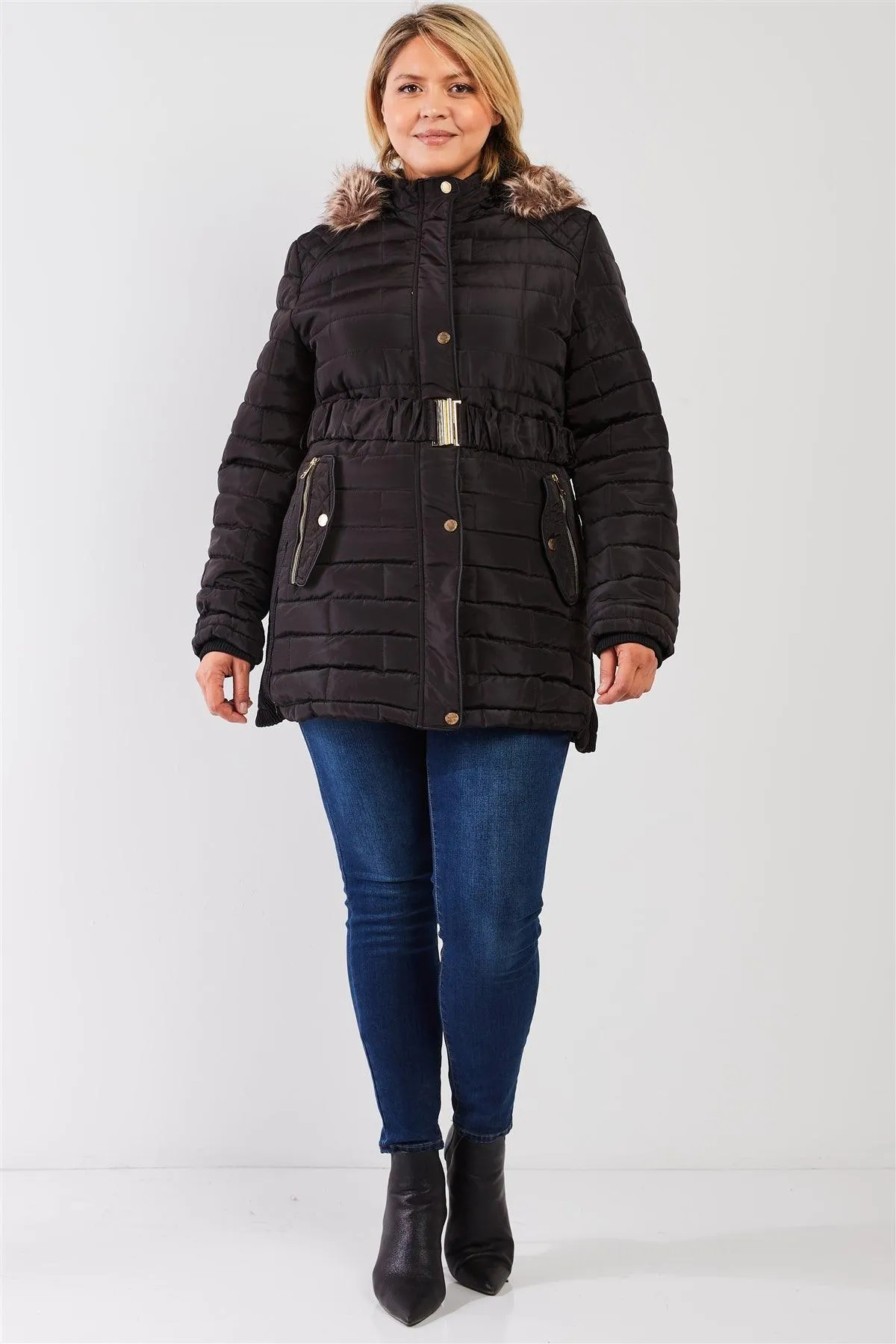 Junior Plus Black Diamond Quilt Faux Fur Hood Belted Padded Long Puffer Jacket /2-1-1