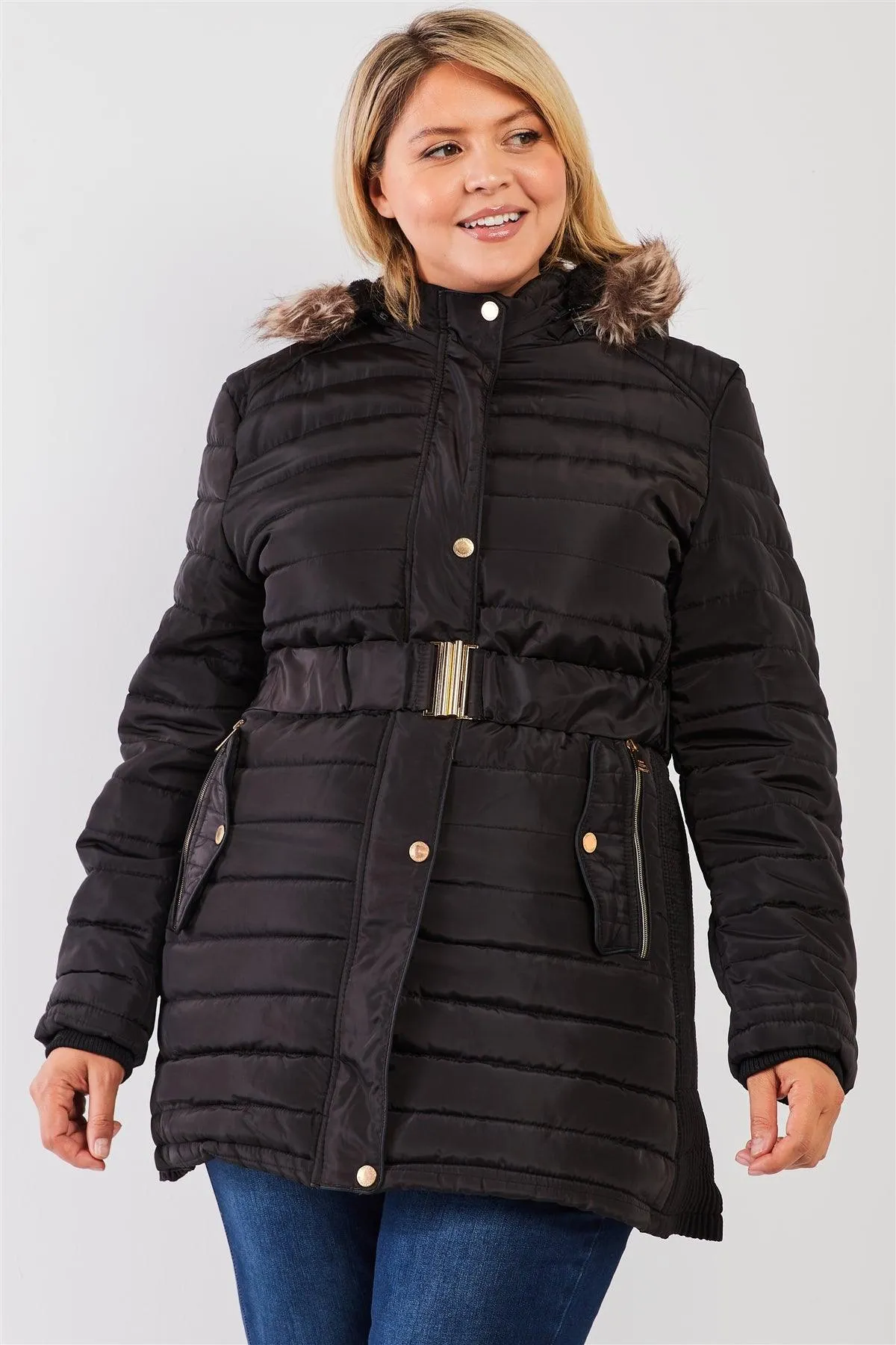 Junior Plus Black Parallel Quilt Faux Fur Hood Belted Padded Long Puffer Jacket /1-1-1-1