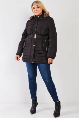 Junior Plus Black Parallel Quilt Faux Fur Hood Belted Padded Long Puffer Jacket /1-1-1-1