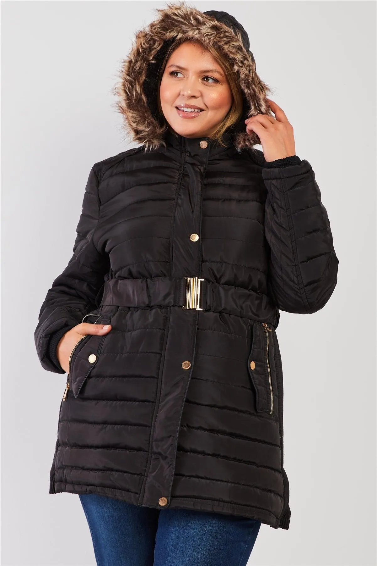 Junior Plus Black Parallel Quilt Faux Fur Hood Belted Padded Long Puffer Jacket /1-1-1-1