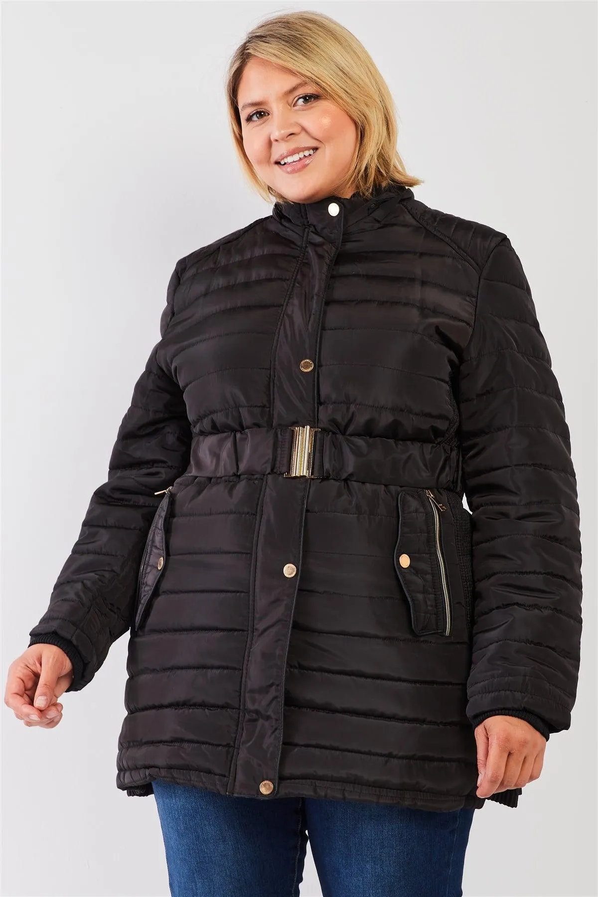 Junior Plus Black Parallel Quilt Faux Fur Hood Belted Padded Long Puffer Jacket /1-1-1-1