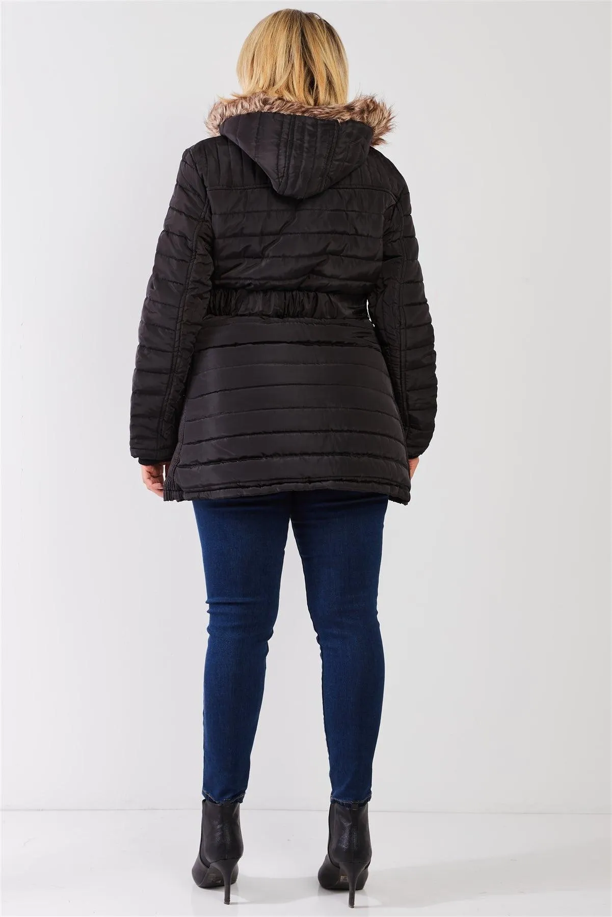 Junior Plus Black Parallel Quilt Faux Fur Hood Belted Padded Long Puffer Jacket