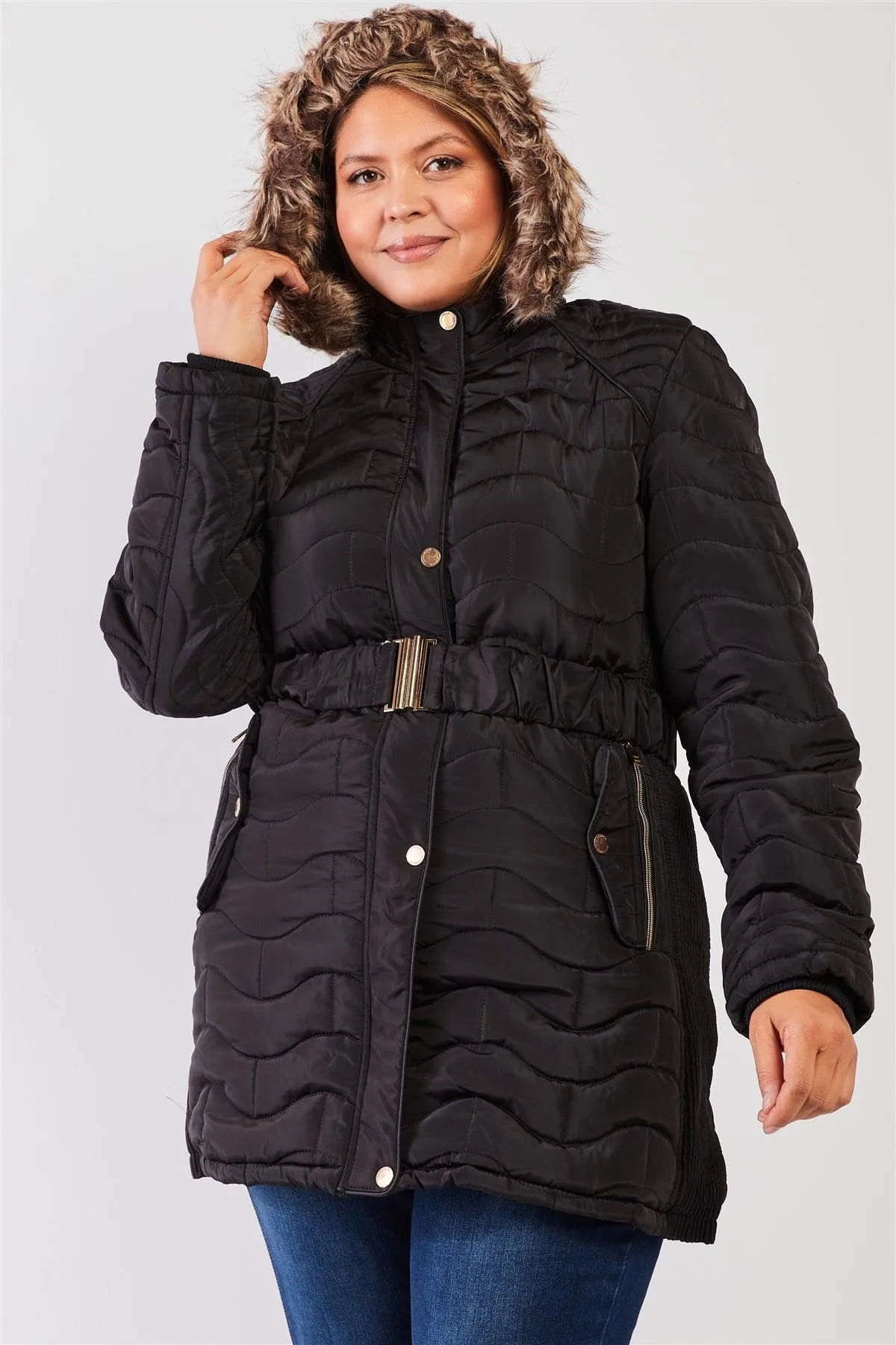 Junior Plus Black Wavy Brick Quilt Faux Fur Hood Belted Padded Long Puffer Jacket /1-1-1-1