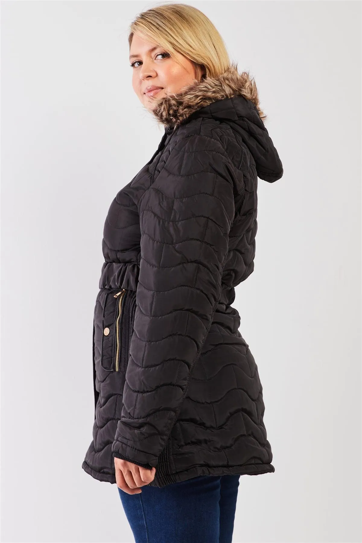 Junior Plus Black Wavy Brick Quilt Faux Fur Hood Belted Padded Long Puffer Jacket /1-1-1-1