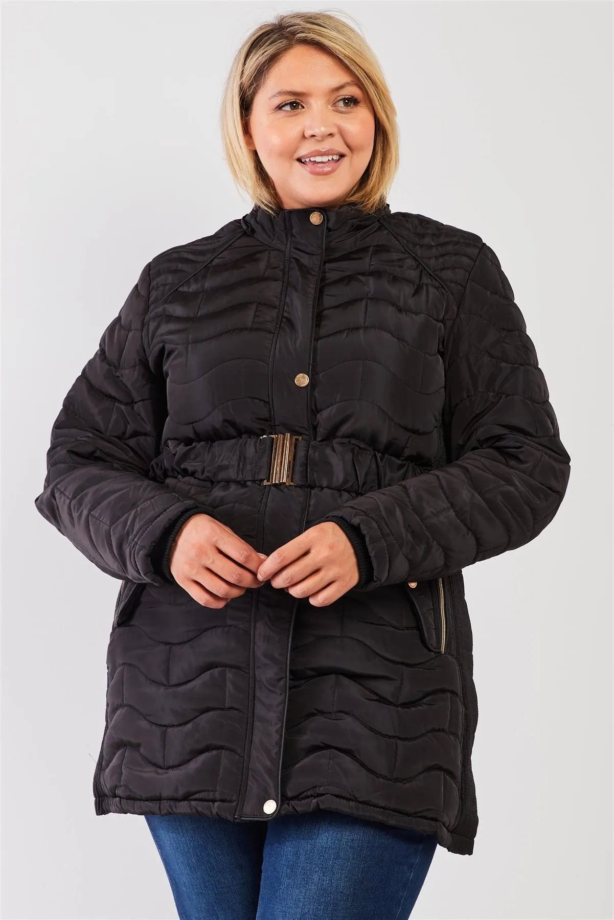 Junior Plus Black Wavy Brick Quilt Faux Fur Hood Belted Padded Long Puffer Jacket /1-1-1-1