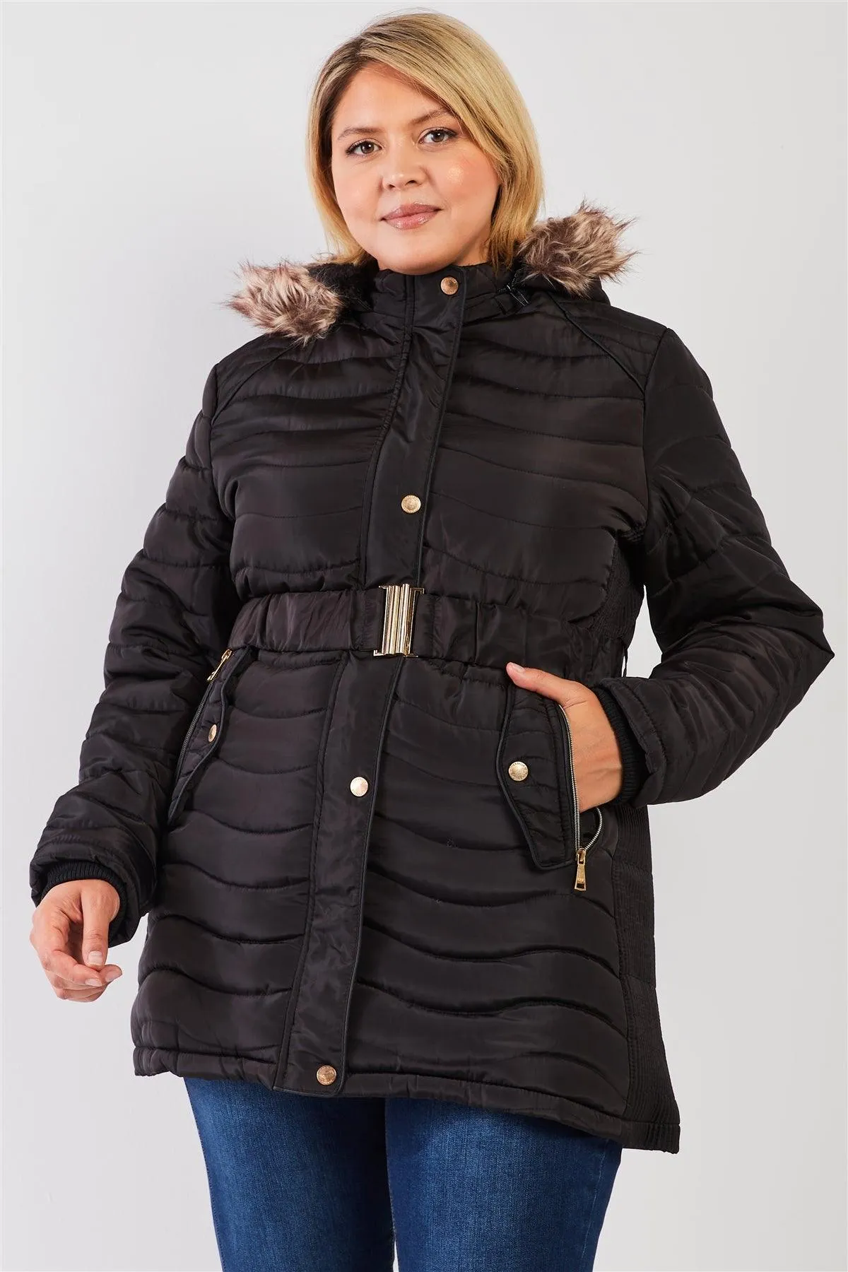 Junior Plus Black Wavy Quilt Padded Faux Fur Detachable Hood Belted Long Puffer Jacket /1-1-1-1