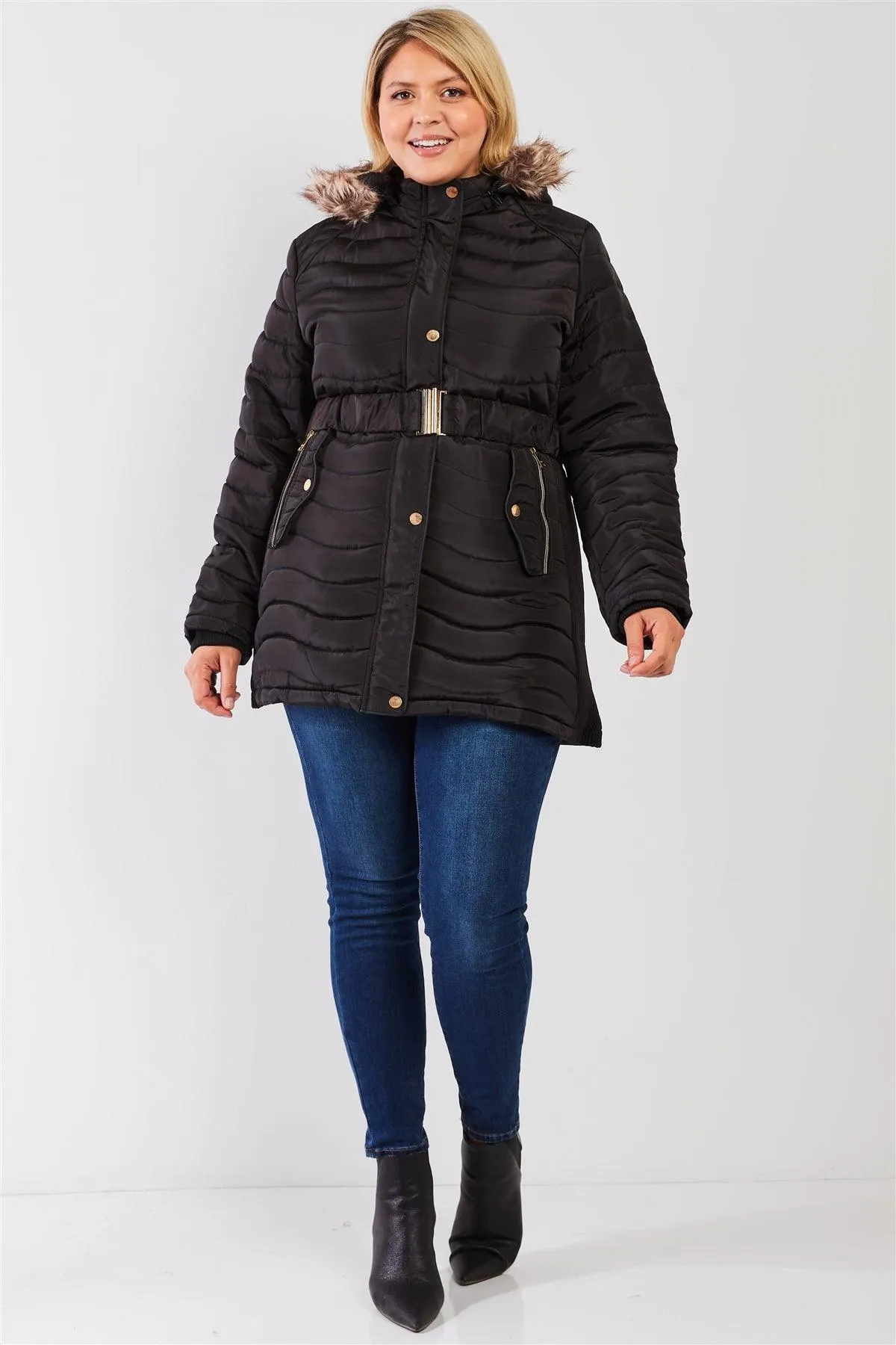 Junior Plus Black Wavy Quilt Padded Faux Fur Detachable Hood Belted Long Puffer Jacket /1-1-1-1