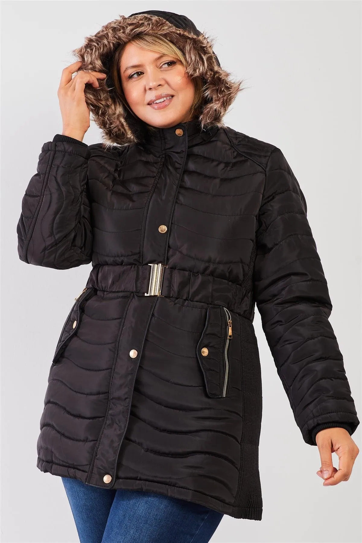 Junior Plus Black Wavy Quilt Padded Faux Fur Detachable Hood Belted Long Puffer Jacket /1-1-1-1