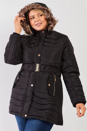 Junior Plus Black Wavy Quilt Padded Faux Fur Detachable Hood Belted Long Puffer Jacket /1-1-1-1
