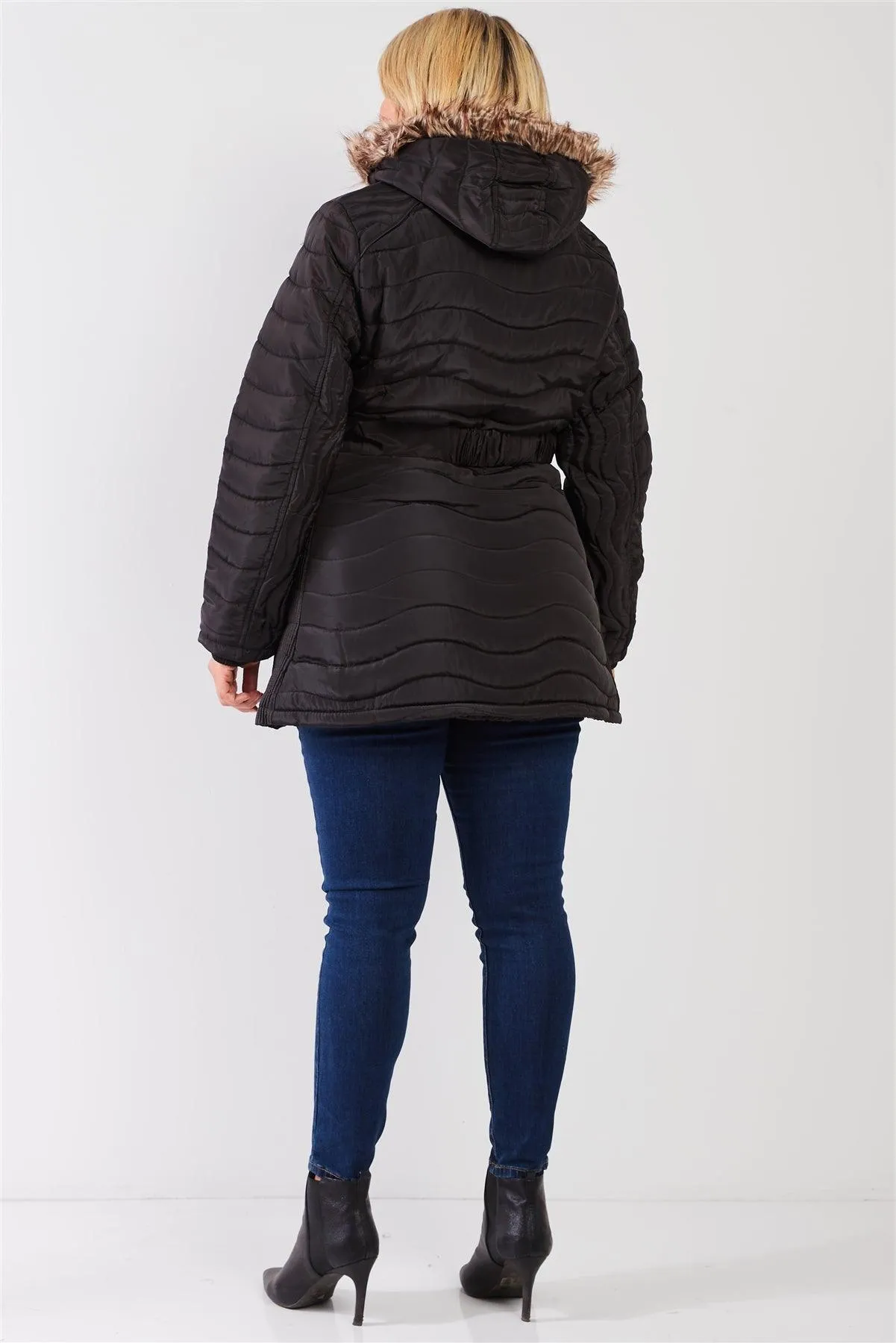 Junior Plus Black Wavy Quilt Padded Faux Fur Detachable Hood Belted Long Puffer Jacket /2-1-2-1