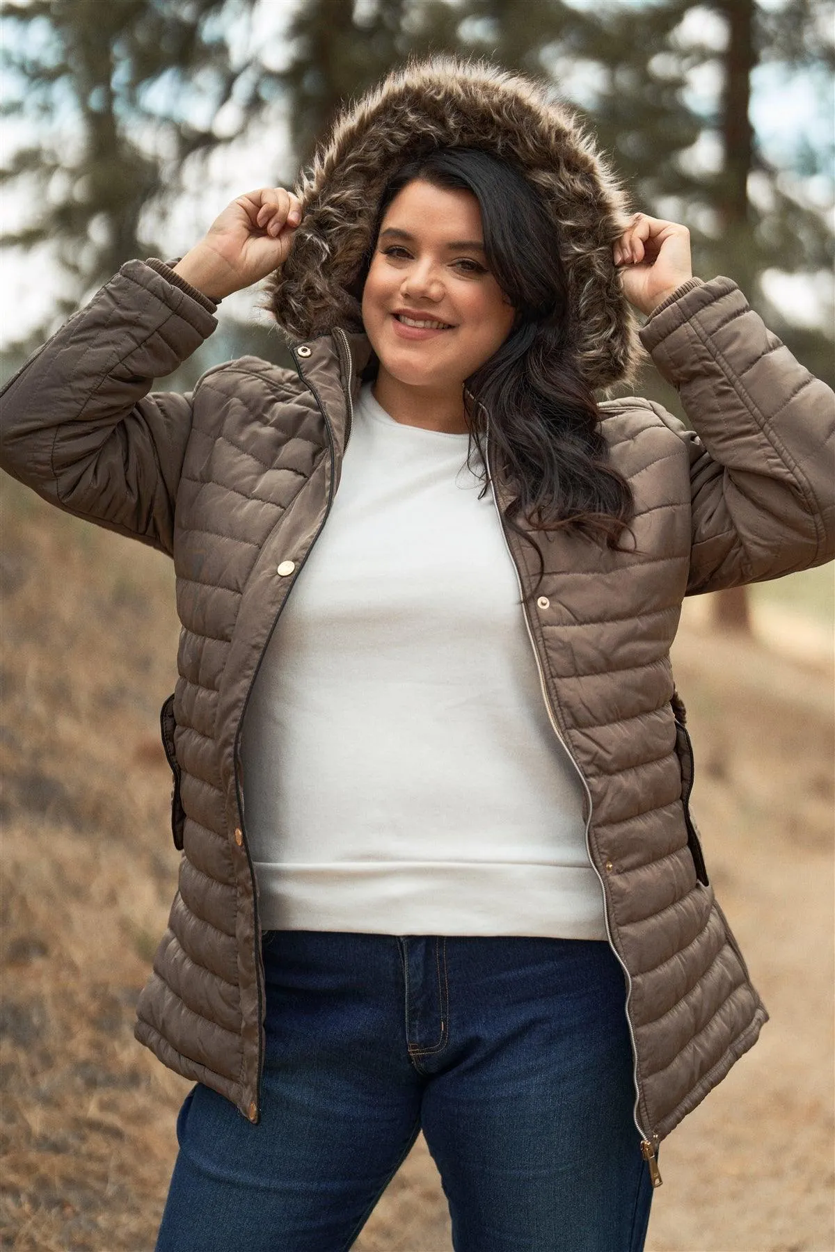 Junior Plus Brown Parallel Quilt Faux Fur Hood Belted Padded Long Puffer Jacket /2-2