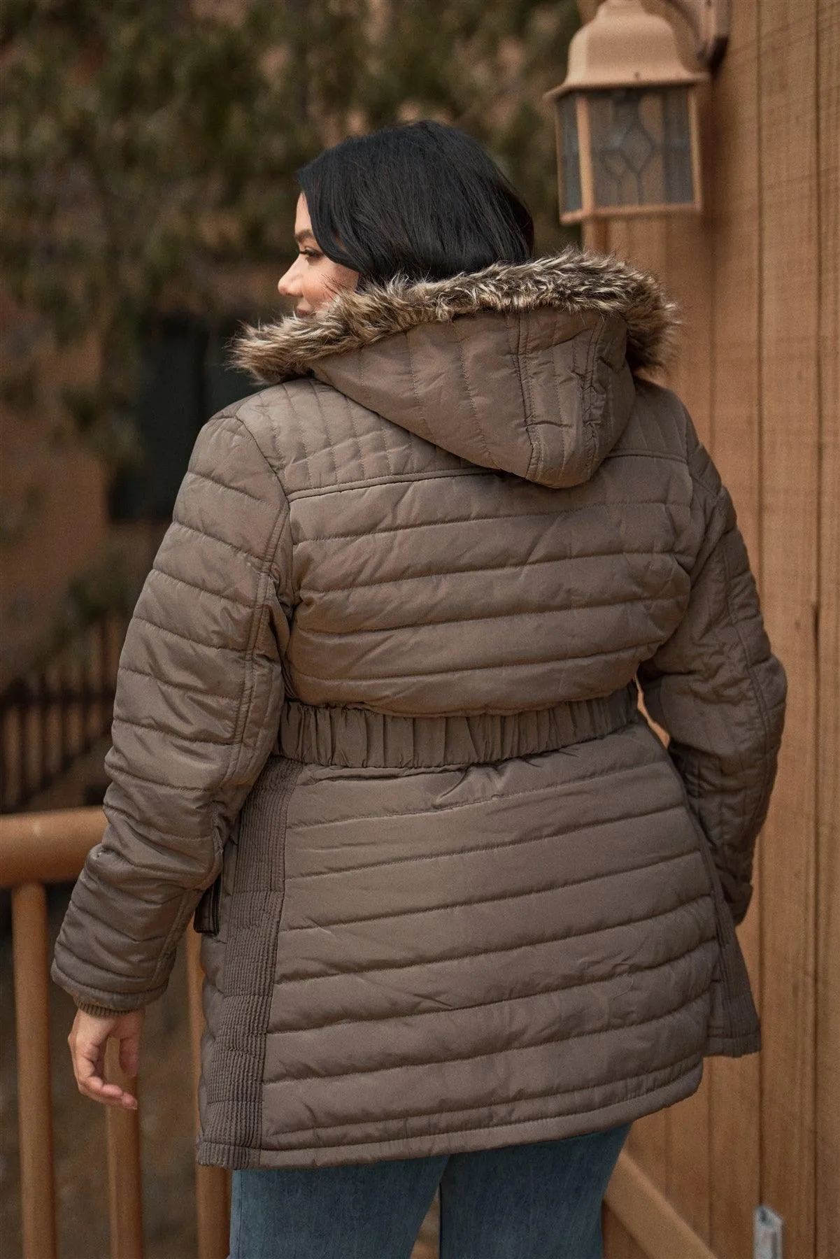 Junior Plus Brown Parallel Quilt Faux Fur Hood Belted Padded Long Puffer Jacket /2-2