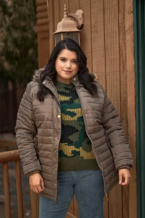 Junior Plus Brown Parallel Quilt Faux Fur Hood Belted Padded Long Puffer Jacket /2-2