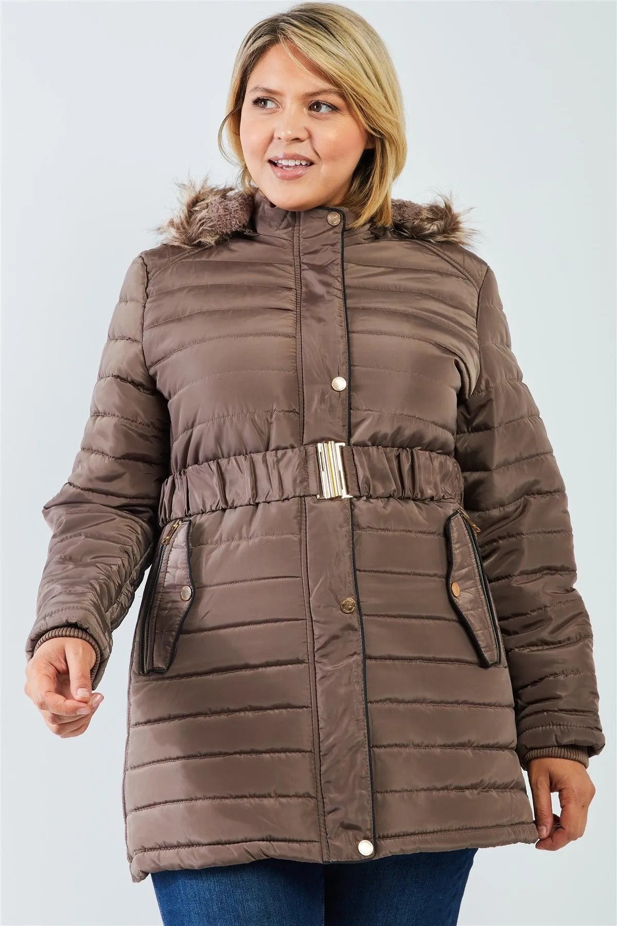 Junior Plus Brown Parallel Quilt Faux Fur Hood Belted Padded Long Puffer Jacket /2-2