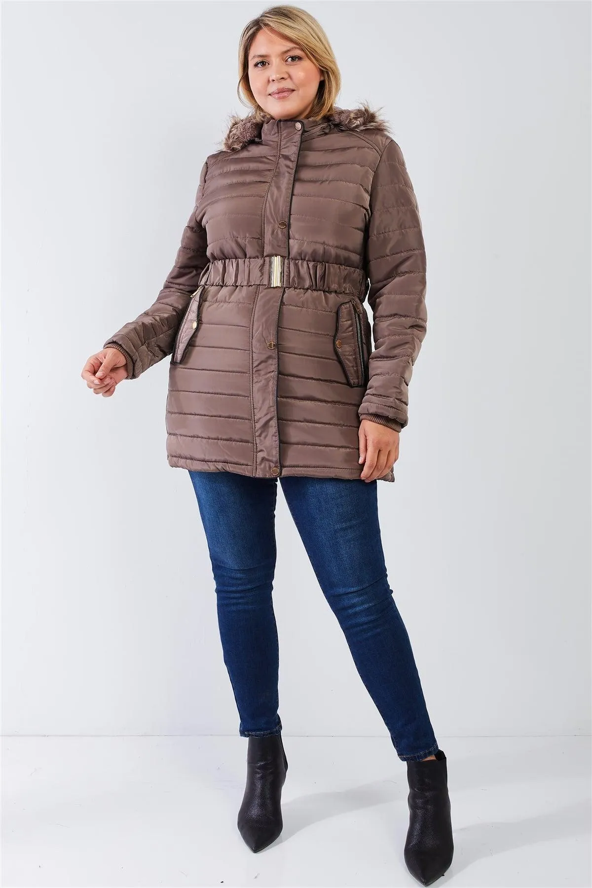 Junior Plus Brown Parallel Quilt Faux Fur Hood Belted Padded Long Puffer Jacket