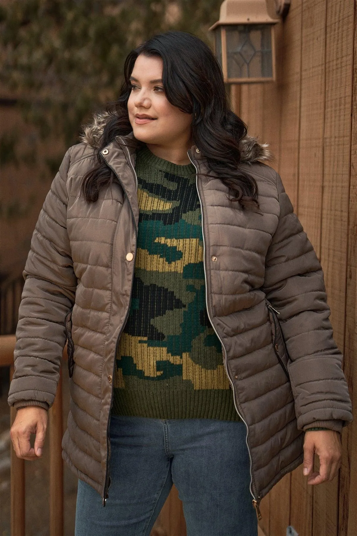 Junior Plus Brown Parallel Quilt Faux Fur Hood Belted Padded Long Puffer Jacket
