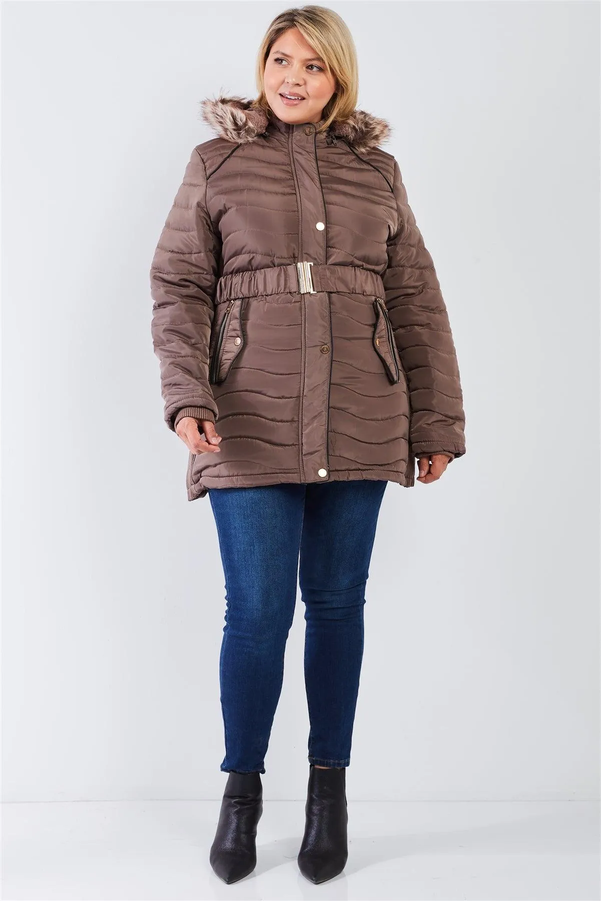 Junior Plus Brown Wavy Quilt Padded Faux Fur Detachable Hood Belted Long Puffer Jacket