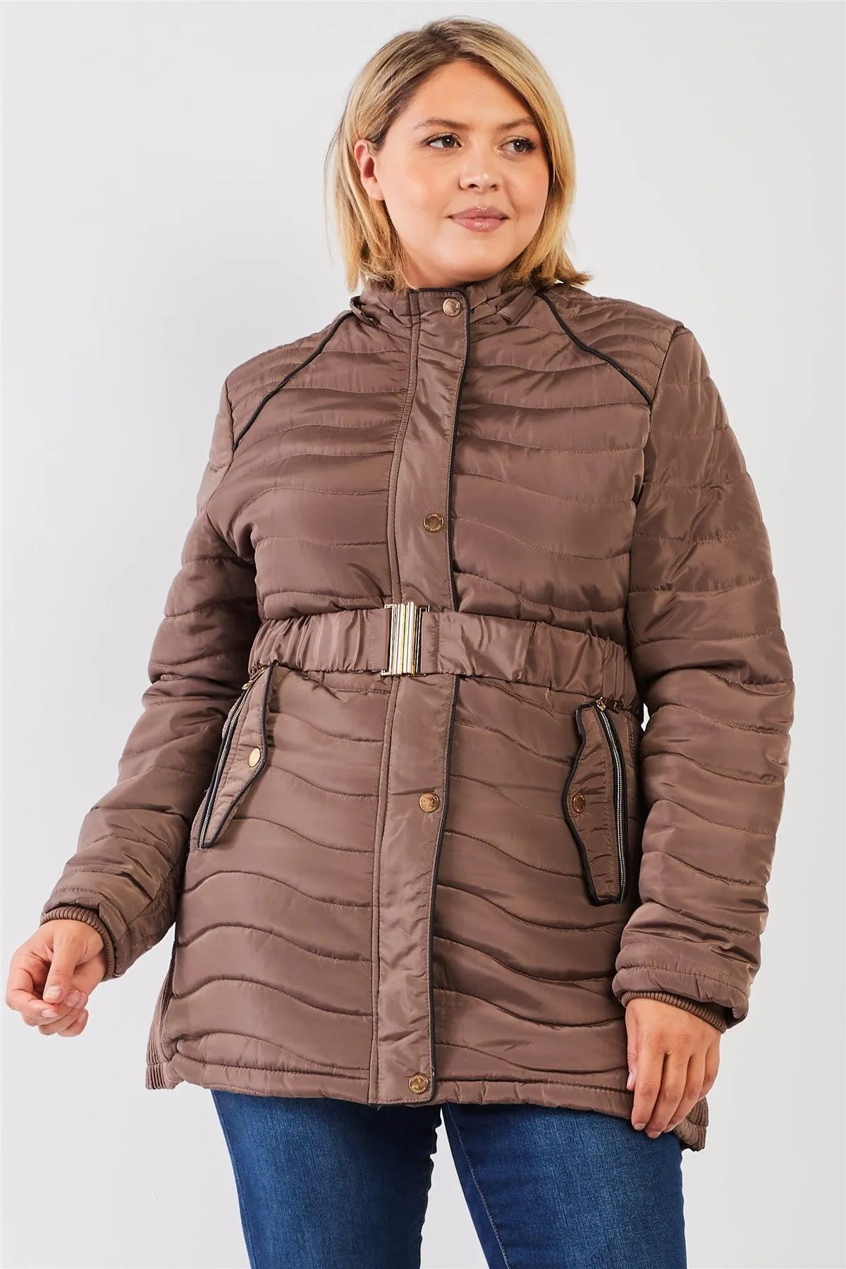 Junior Plus Brown Wavy Quilt Padded Faux Fur Detachable Hood Belted Long Puffer Jacket