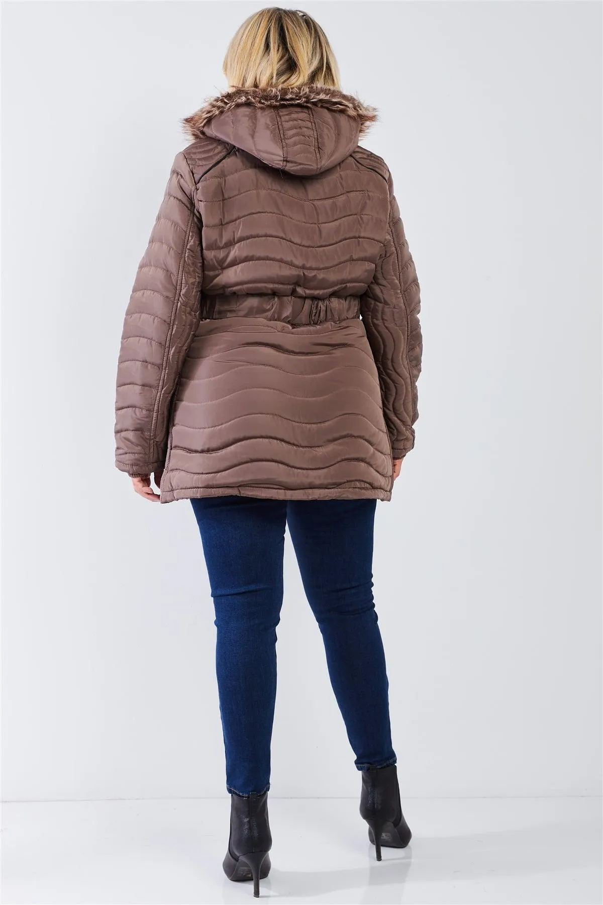 Junior Plus Brown Wavy Quilt Padded Faux Fur Detachable Hood Belted Long Puffer Jacket