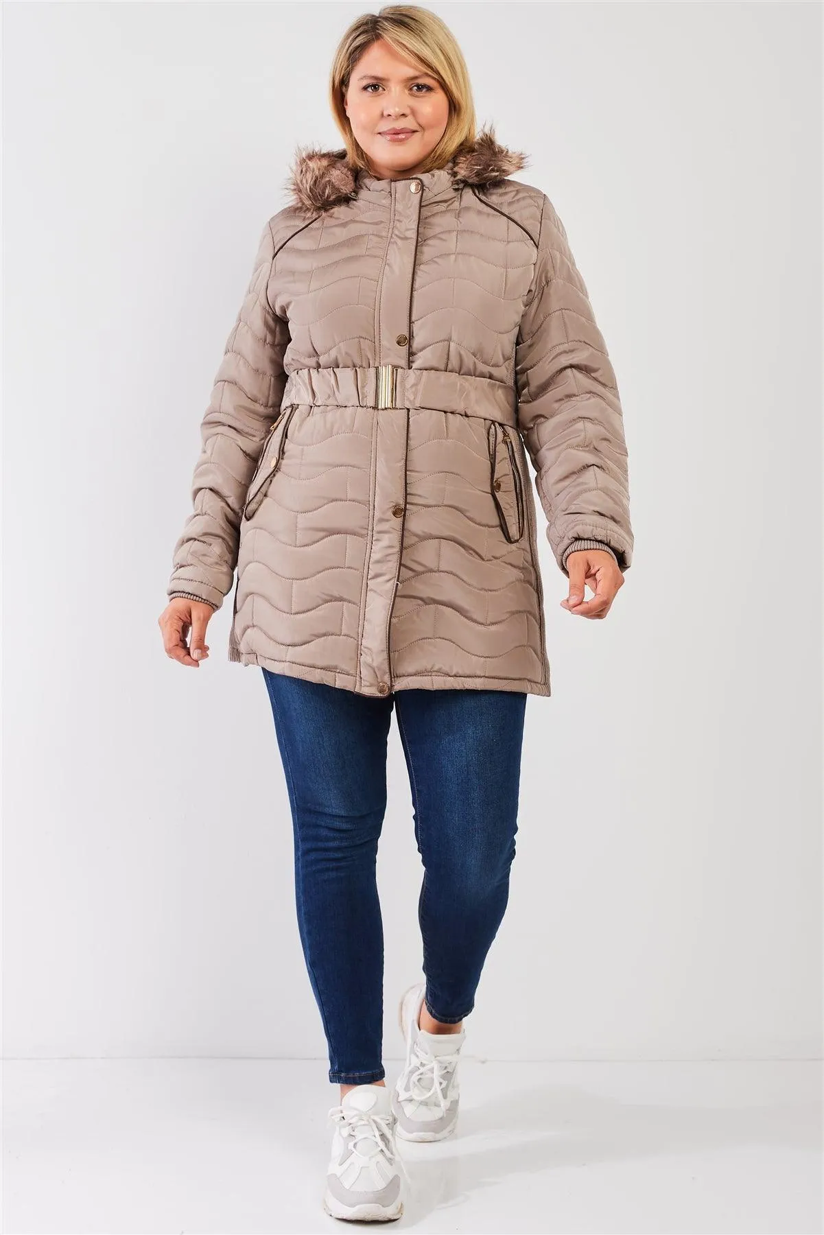 Junior Plus Grey-Beige Wavy Brick Quilt Faux Fur Hood Belted Padded Long Puffer Jacket