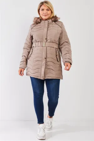 Junior Plus Grey-Beige Wavy Brick Quilt Faux Fur Hood Belted Padded Long Puffer Jacket