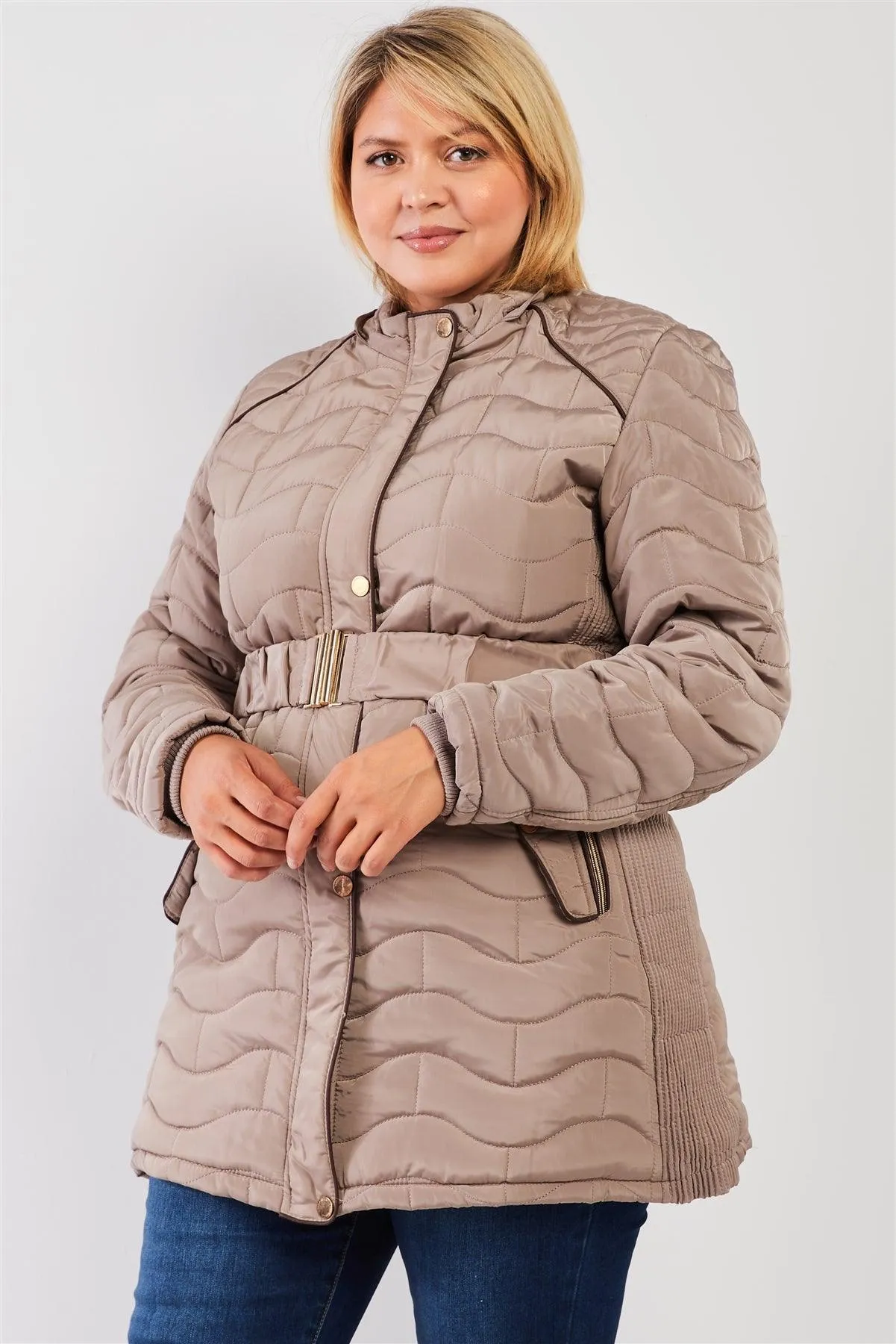 Junior Plus Grey-Beige Wavy Brick Quilt Faux Fur Hood Belted Padded Long Puffer Jacket