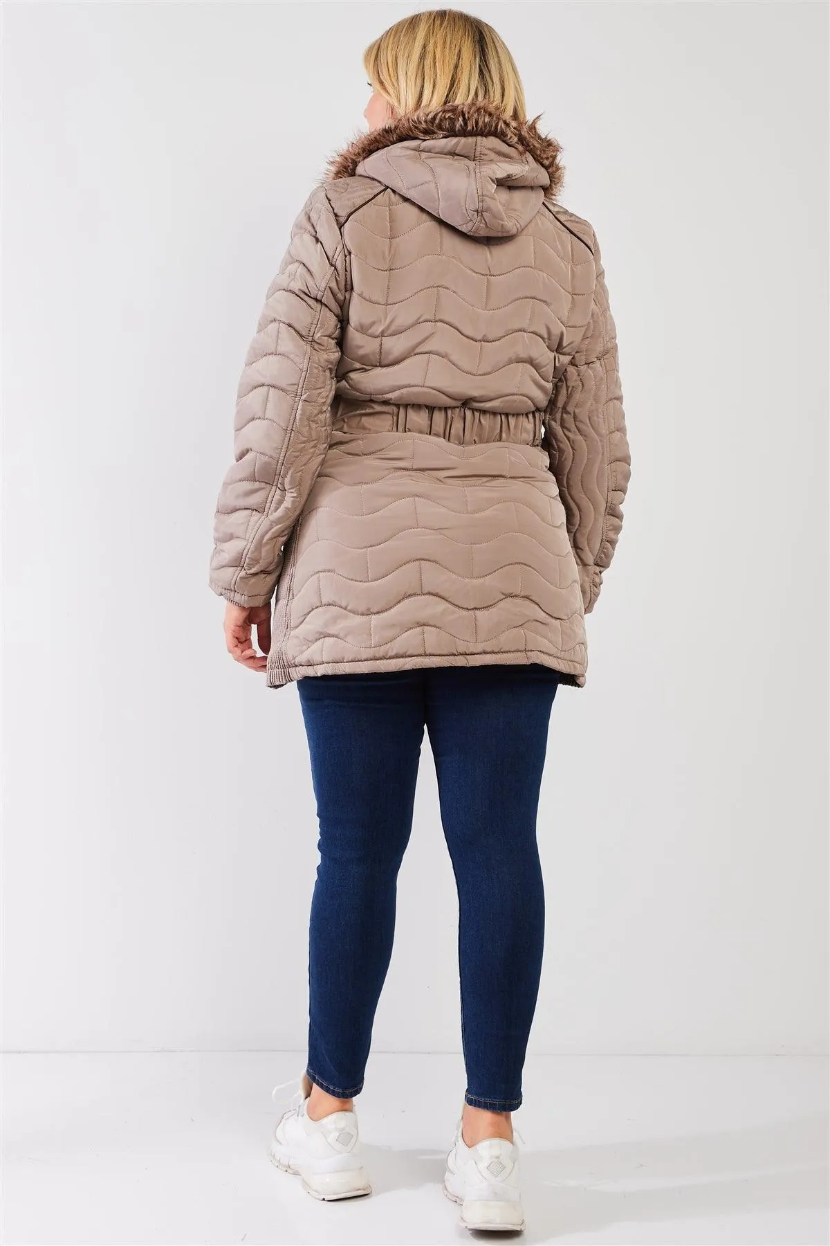 Junior Plus Grey-Beige Wavy Brick Quilt Faux Fur Hood Belted Padded Long Puffer Jacket