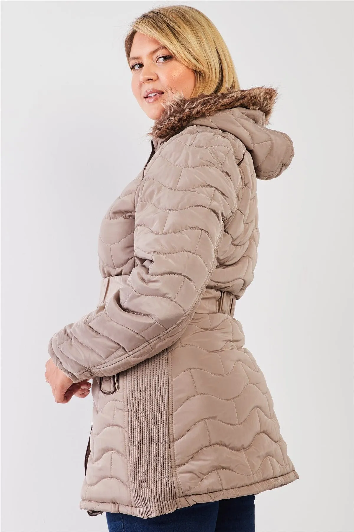 Junior Plus Grey-Beige Wavy Brick Quilt Faux Fur Hood Belted Padded Long Puffer Jacket