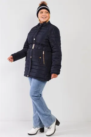 Junior Plus Navy Diamond Quilt Faux Fur Hood Belted Padded Long Puffer Jacket /3-2-1