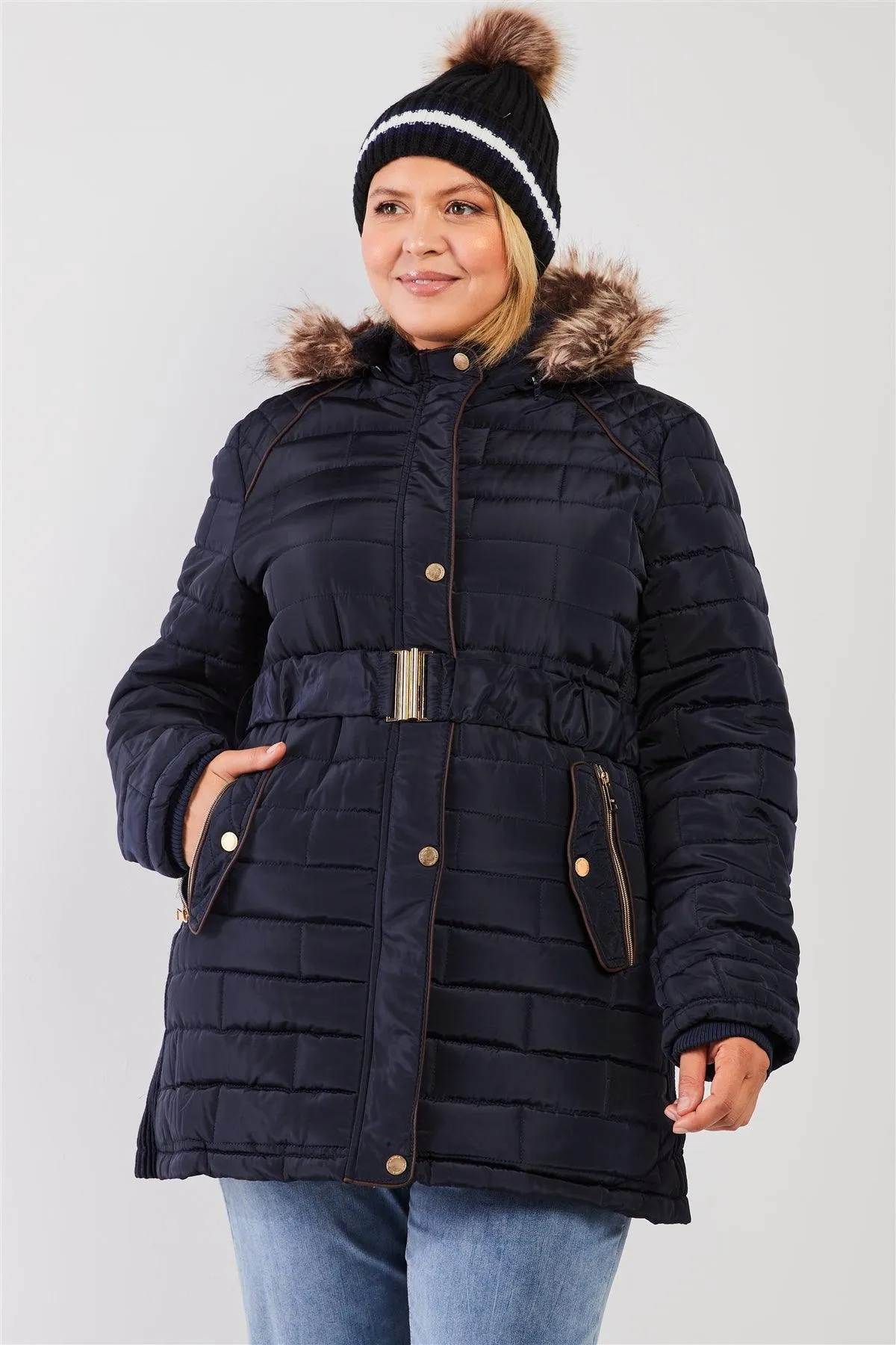 Junior Plus Navy Diamond Quilt Faux Fur Hood Belted Padded Long Puffer Jacket /3-2-1