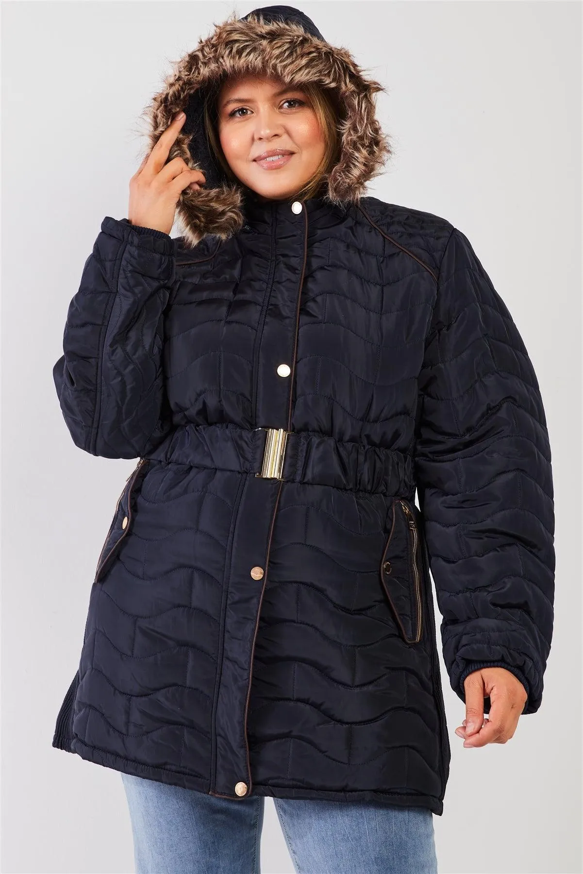 Junior Plus Navy Wavy Brick Quilt Faux Fur Hood Belted Padded Long Puffer Jacket /1-1-1-1