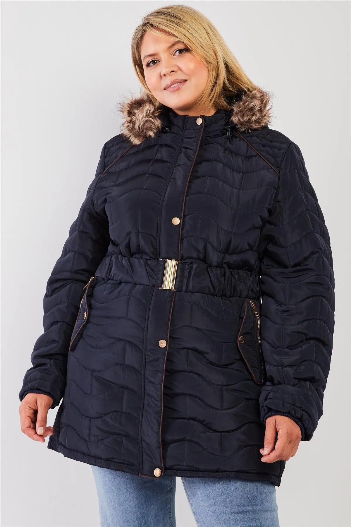 Junior Plus Navy Wavy Brick Quilt Faux Fur Hood Belted Padded Long Puffer Jacket /1-1-1-1