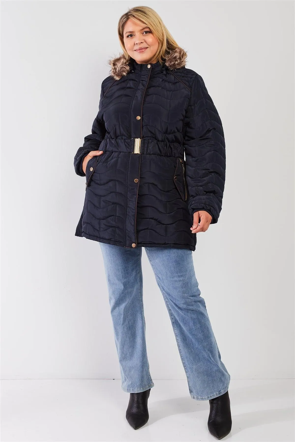 Junior Plus Navy Wavy Brick Quilt Faux Fur Hood Belted Padded Long Puffer Jacket /1-1-1-1