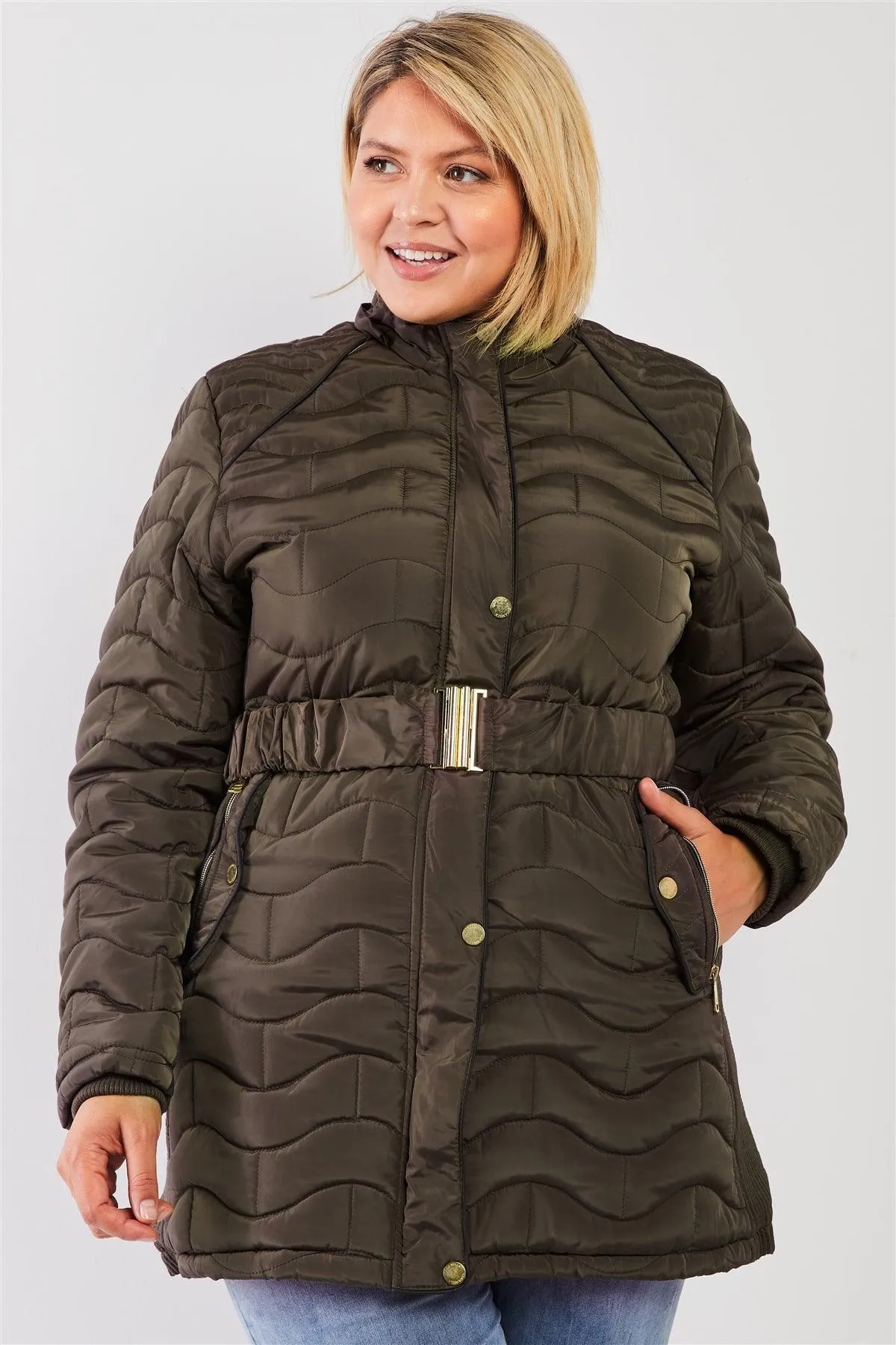 Junior Plus Olive Wavy Brick Quilt Faux Fur Hood Belted Padded Long Puffer Jacket /1-1-1-1