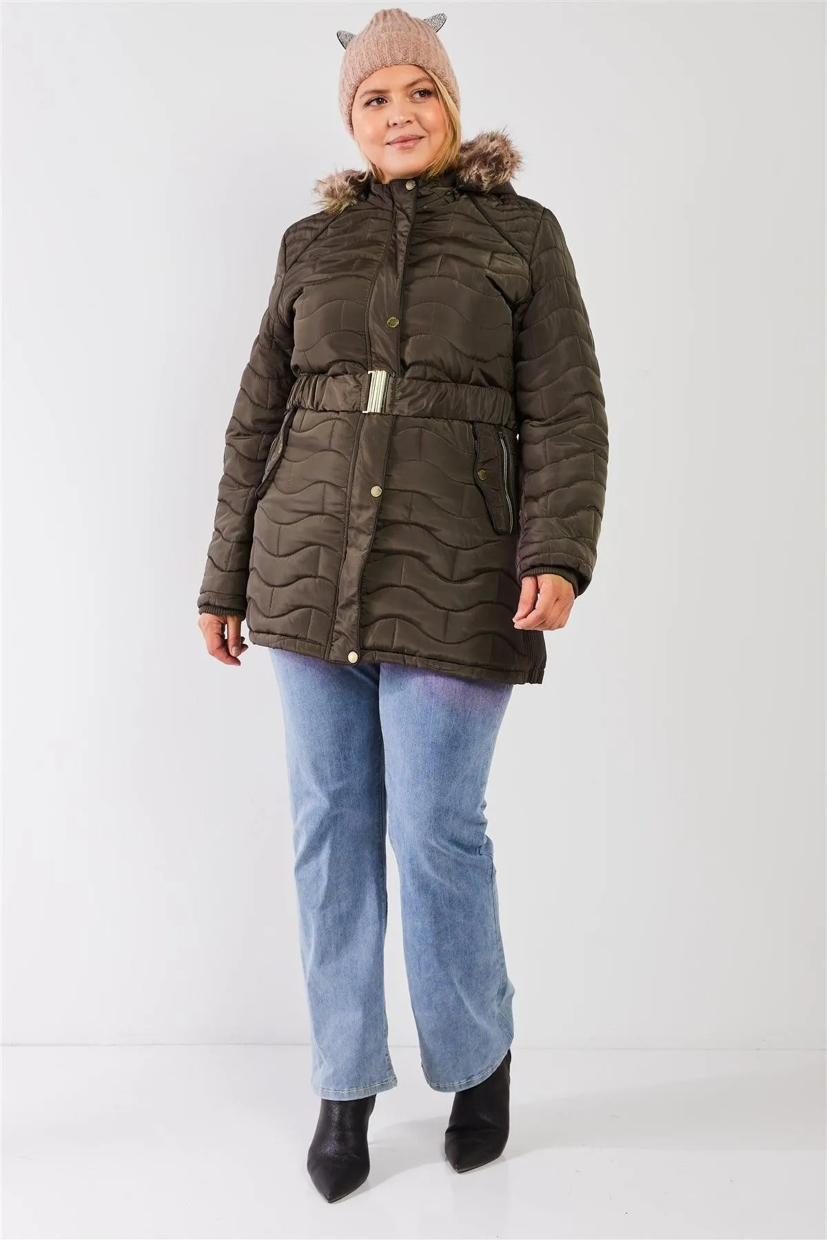 Junior Plus Olive Wavy Brick Quilt Faux Fur Hood Belted Padded Long Puffer Jacket /1-1-1-1