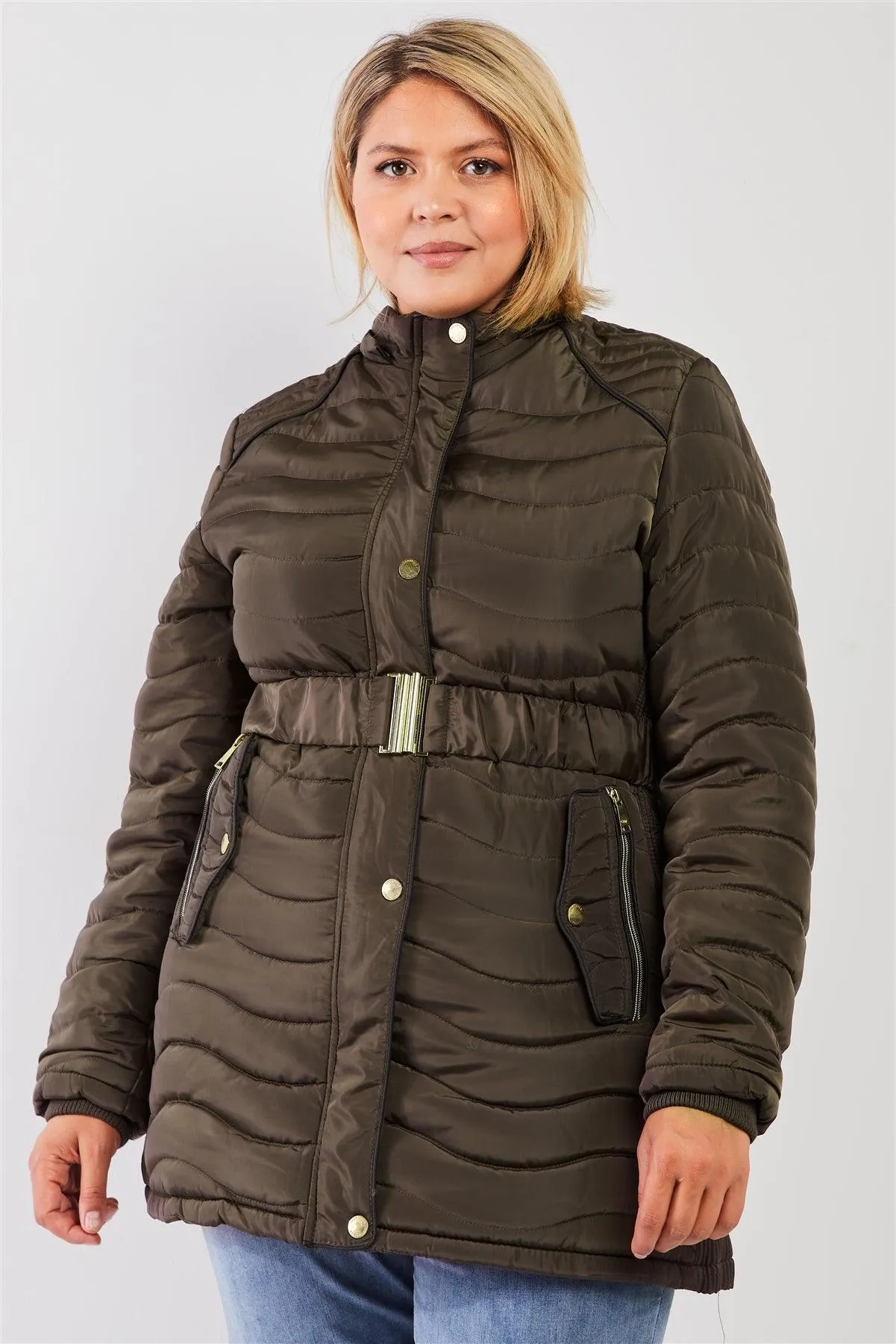 Junior Plus Olive Wavy Quilt Padded Faux Fur Detachable Hood Belted Long Puffer Jacket /2-1-1